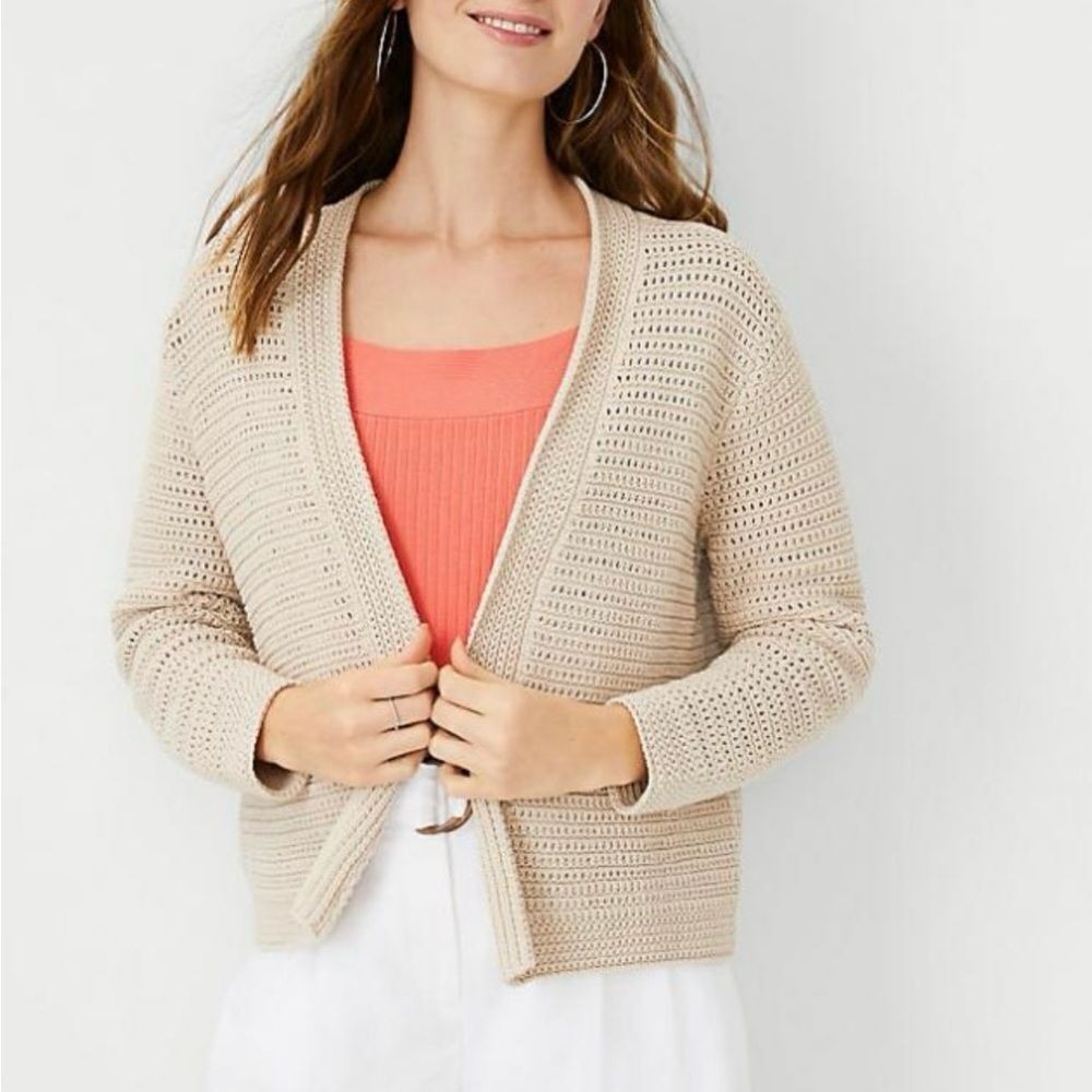 Ann Taylor Crochet Open Cardigan‎ Neutral LP New With Tags